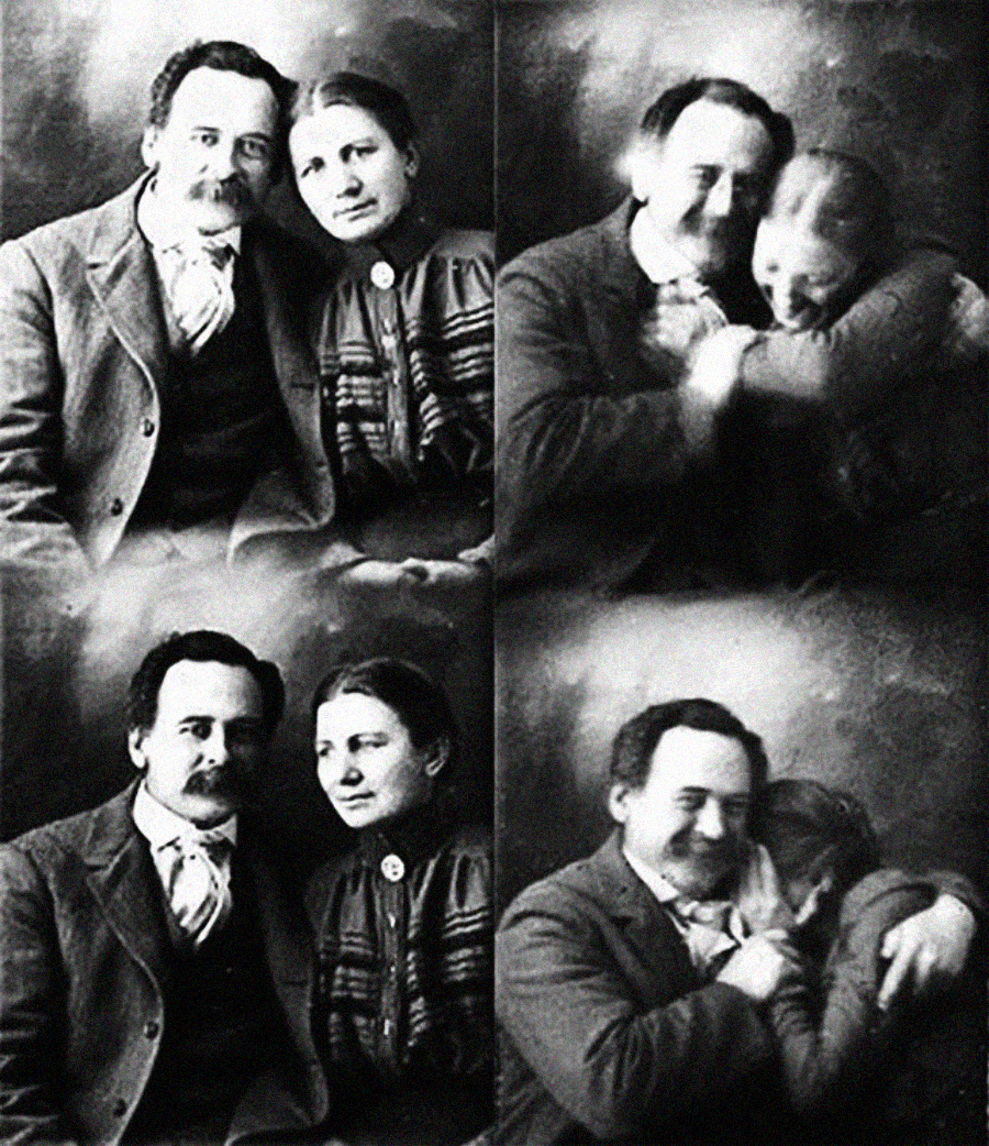 A black-and-white photo collage shows a couple in four poses: sitting side by side, embracing warmly, sitting together again, and the woman resting her head on the man's shoulder while he smiles.