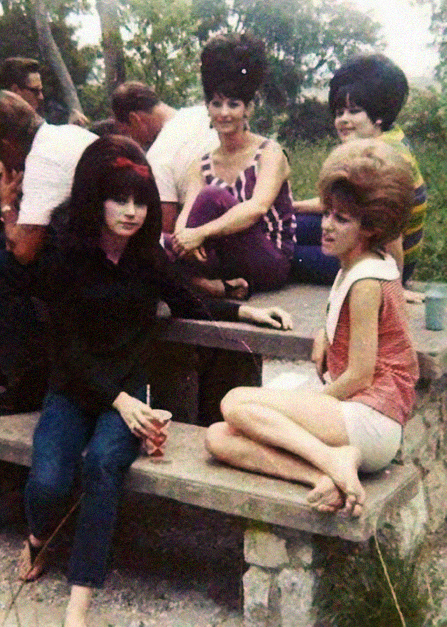 A group of women with tall beehive hairstyles sit around a stone picnic table outdoors, chatting and relaxing. Two women sit on the table while two sit below; other people are partially visible in the background.