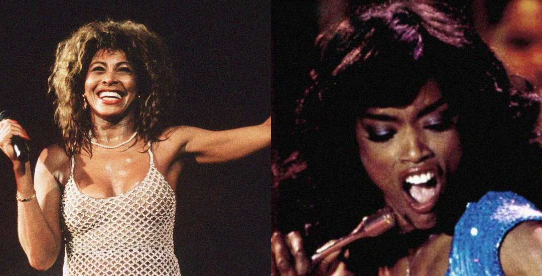 Split image: On the left, a woman with curly hair smiles while holding a microphone and performing on stage in a sparkly outfit. On the right, a woman sings passionately into a microphone.