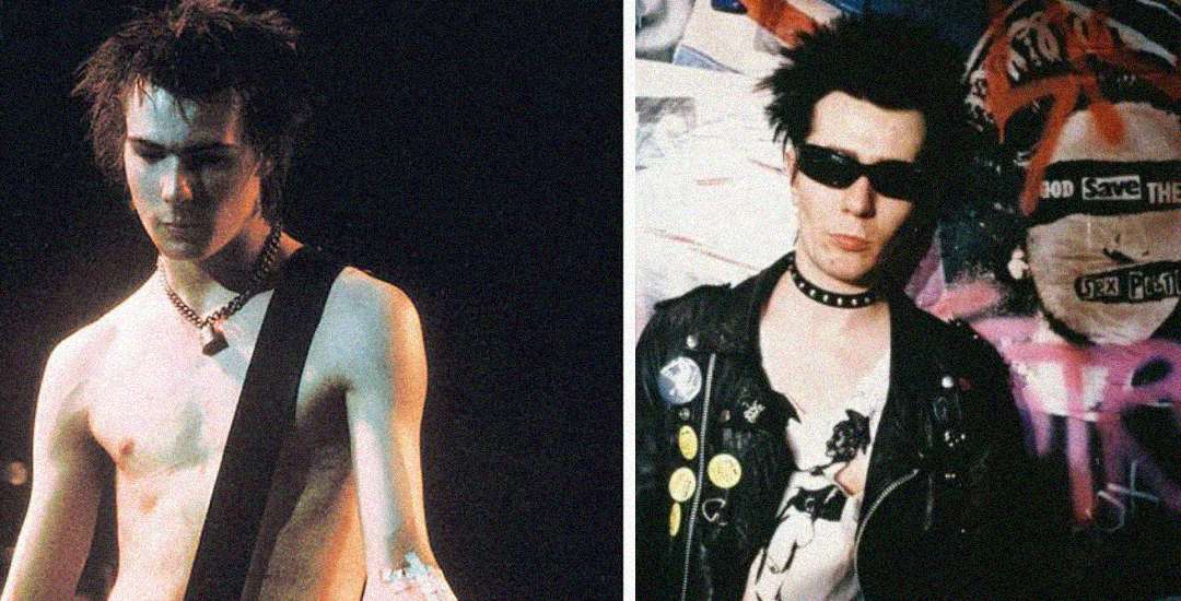 Side-by-side photos of a young man with spiky dark hair; on the left, he is shirtless with a guitar, and on the right, he wears sunglasses, a leather jacket with pins, and a choker, standing in front of graffiti.