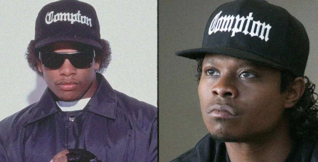 Split image: On the left, a person wears sunglasses, a black cap labeled "Compton," and a dark jacket. On the right, another person wears a similar "Compton" cap and dark jacket, looking off-camera.