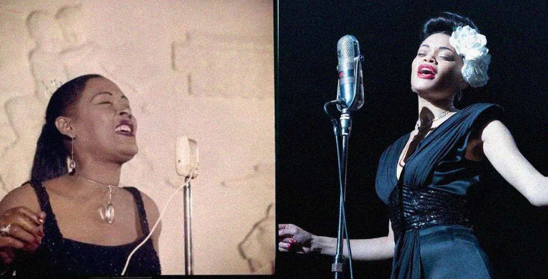 Split image of two women singing passionately into vintage microphones; the left in a black dress with a necklace, the right in a black dress with a white flower in her hair, both against dark backgrounds.