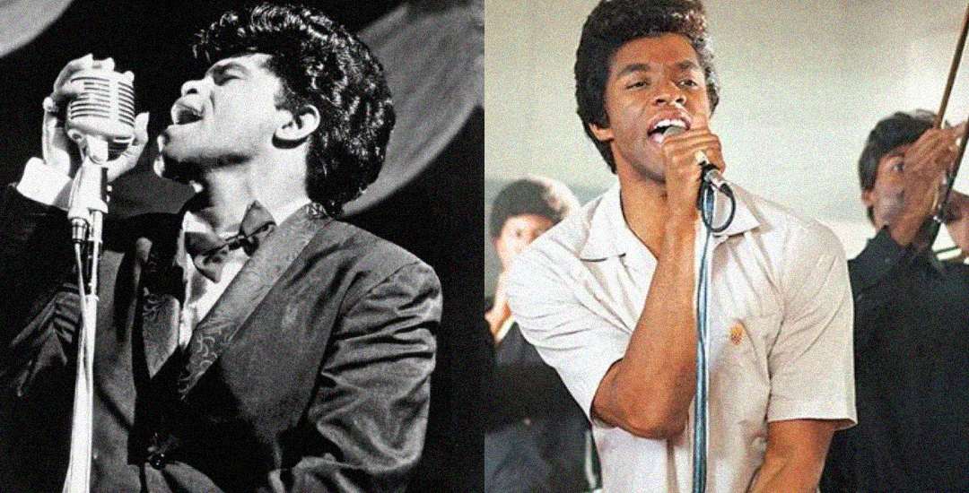 Side-by-side images show a man singing passionately into a microphone; left image is black and white with a vintage feel, right image is in color with the man in a casual shirt, band members visible in the background.