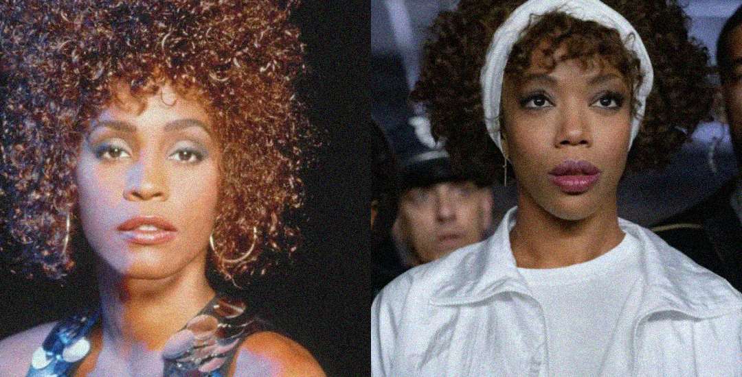 Side-by-side images of two women with curly hair; the left wears a shiny top and the right wears a white outfit and headband, both looking forward with serious expressions.