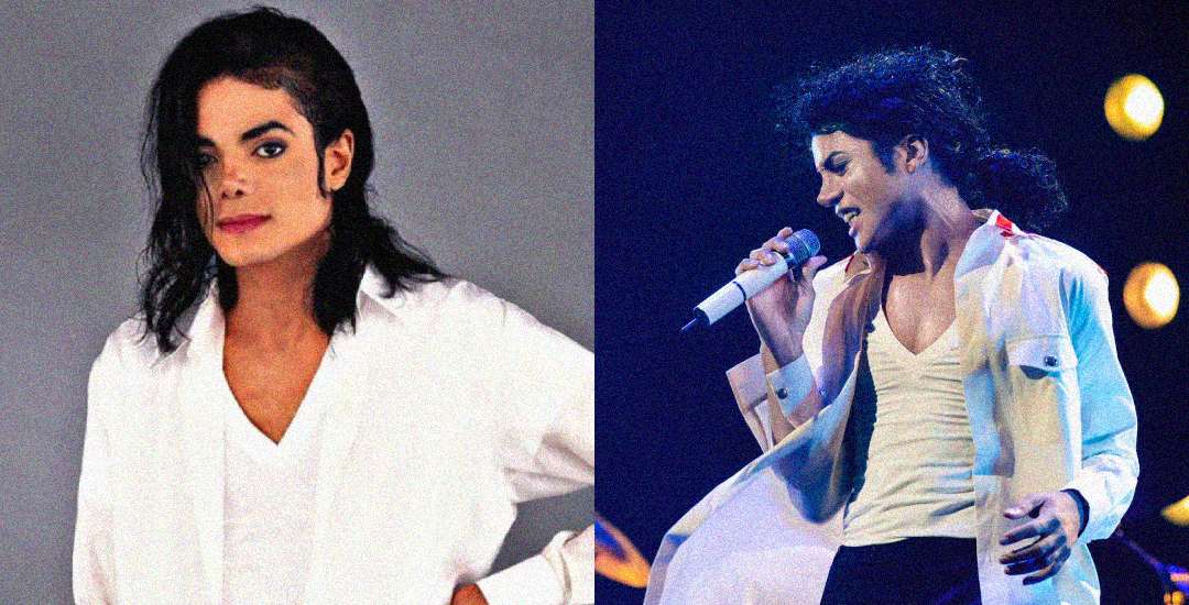 Split image: On the left, a person with shoulder-length dark hair wears a white shirt and gazes towards the camera. On the right, the same person sings passionately on stage, holding a microphone and wearing a white shirt.