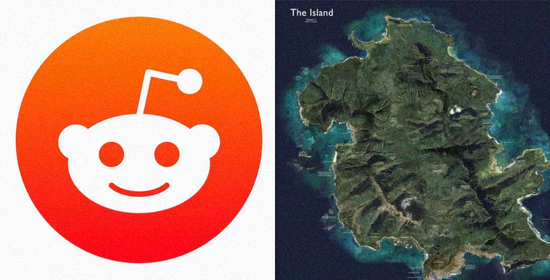 Left: The orange and white Reddit logo with a smiling alien face. Right: A satellite image of an island with green terrain, surrounded by blue water, labeled "The Island" at the top.