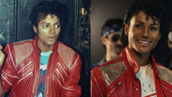 Michael Jackson and Jaafar Jackson wearing the same red jacket side by side, highlighting their resemblance and representing pop icons