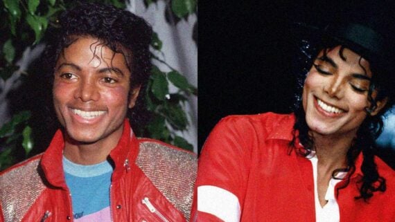 Michael Jackson smiling in two different photos, showing his iconic style and stage charisma during his career.