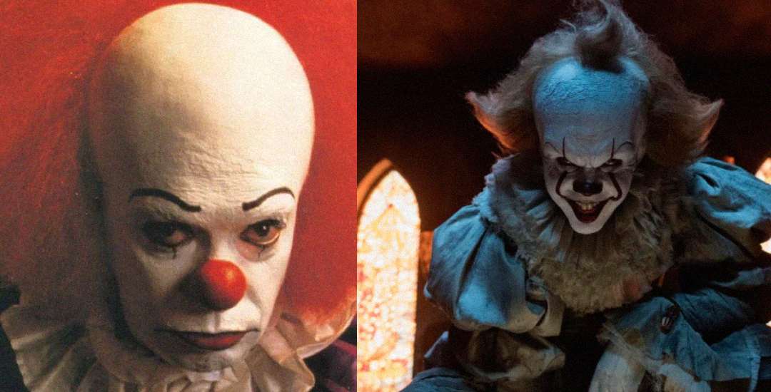Split image showing two versions of the horror character Pennywise the clown: on the left, an older, somber clown with red hair and nose; on the right, a modern, sinister clown with sharp teeth and eerie makeup.