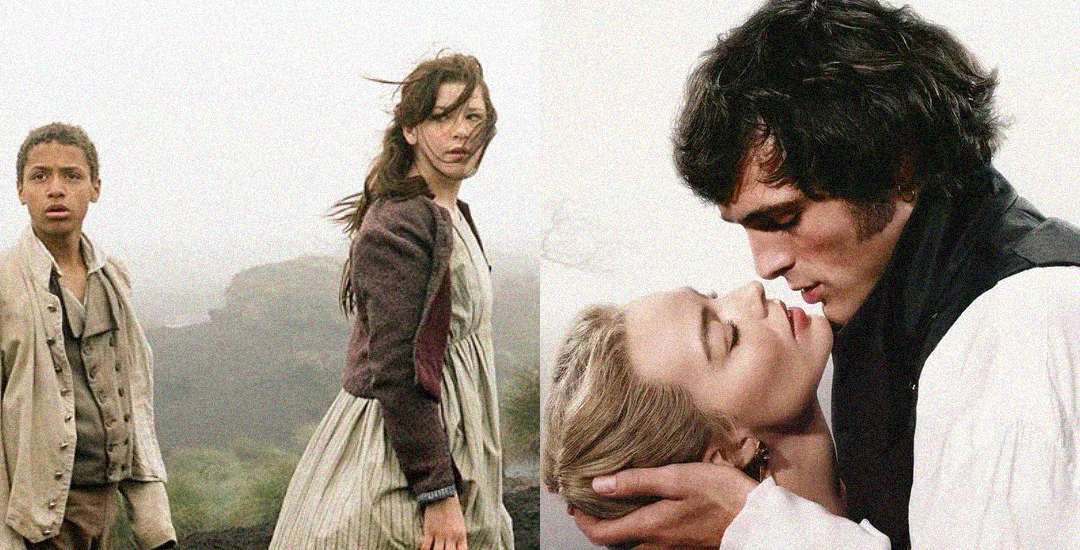 Two scenes from a period drama: on the left, a man and woman stand on a misty moor, looking distressed; on the right, a man tenderly holds a woman's face as she leans back, their faces close together.