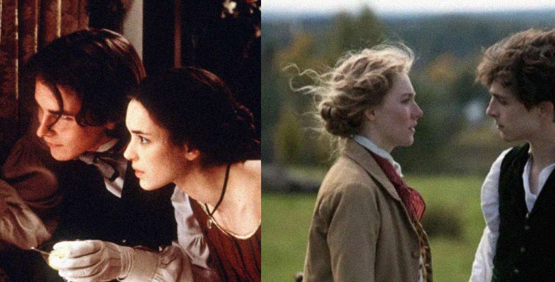 Side-by-side images of two couples in period clothing: on the left, a man and woman lean close together indoors; on the right, a woman and man face each other outdoors in a windy setting.