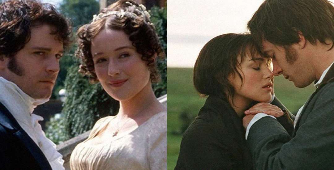 Two scenes from different adaptations of "Pride and Prejudice": on the left, a couple in period clothing glances at the camera; on the right, another couple shares an intimate moment outdoors, holding hands close together.