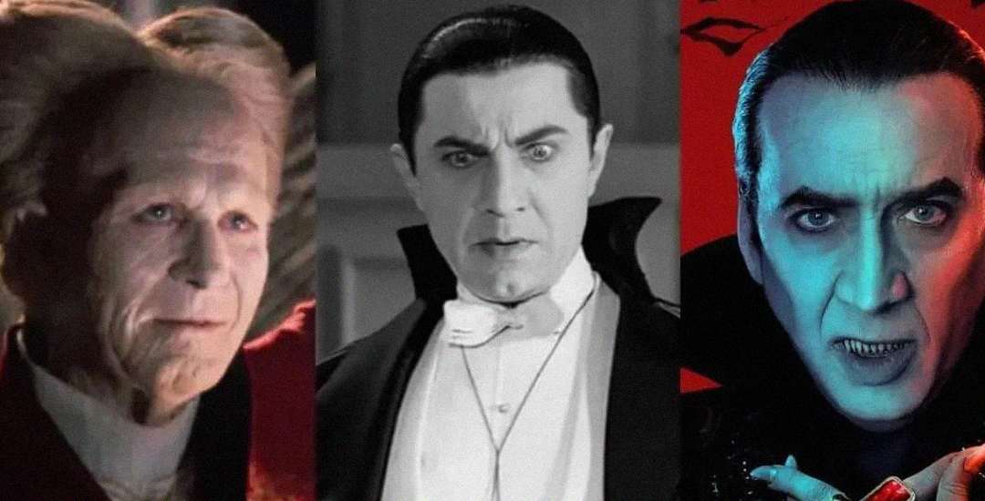 Three different actors portray Dracula in varied costumes and lighting: the left one has a high white hairstyle and red robe, the center appears in classic black and white, and the right is lit with blue tones against a red background.