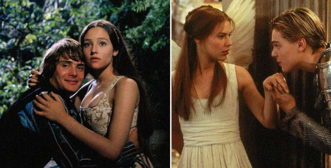 Side-by-side images show two different pairs of actors as Romeo and Juliet: on the left, a couple in Renaissance costumes embrace outdoors; on the right, another couple in modern costumes holds hands indoors.