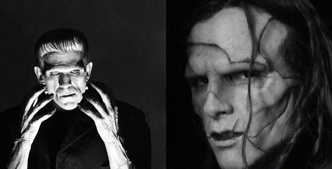 Side-by-side black and white photos of two people with Frankenstein's monster makeup, featuring stitched scars and heavy shadows, one with short hair and one with longer hair.