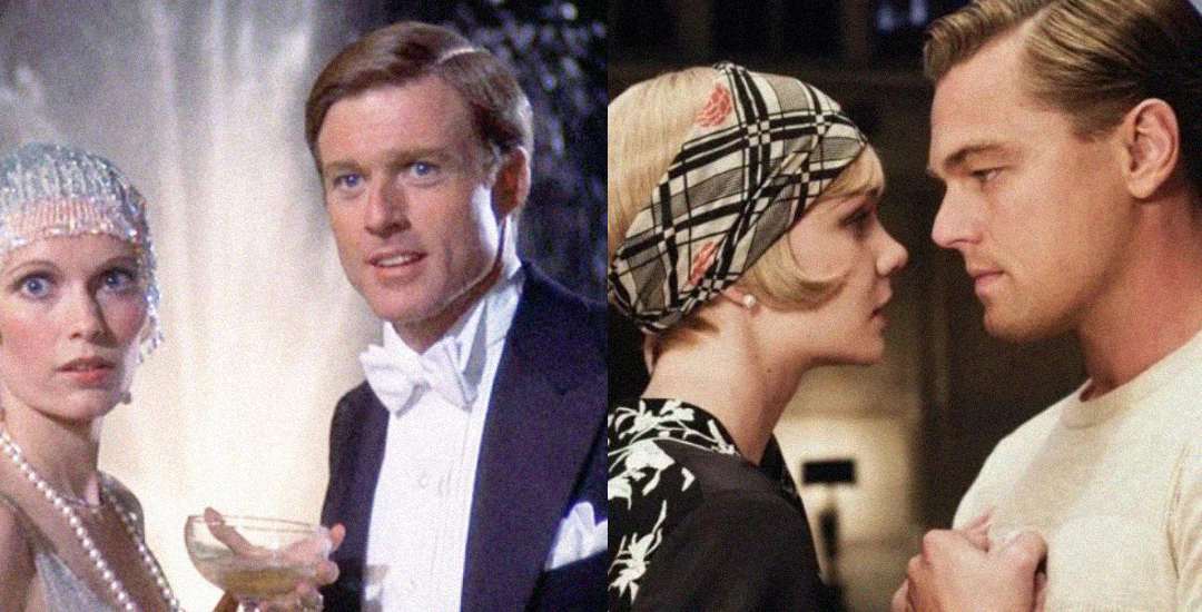 Split image: On the left, a woman in a beaded headpiece and a man in a tuxedo look ahead; on the right, a woman in a patterned headband faces a man in a suit, their faces close together.