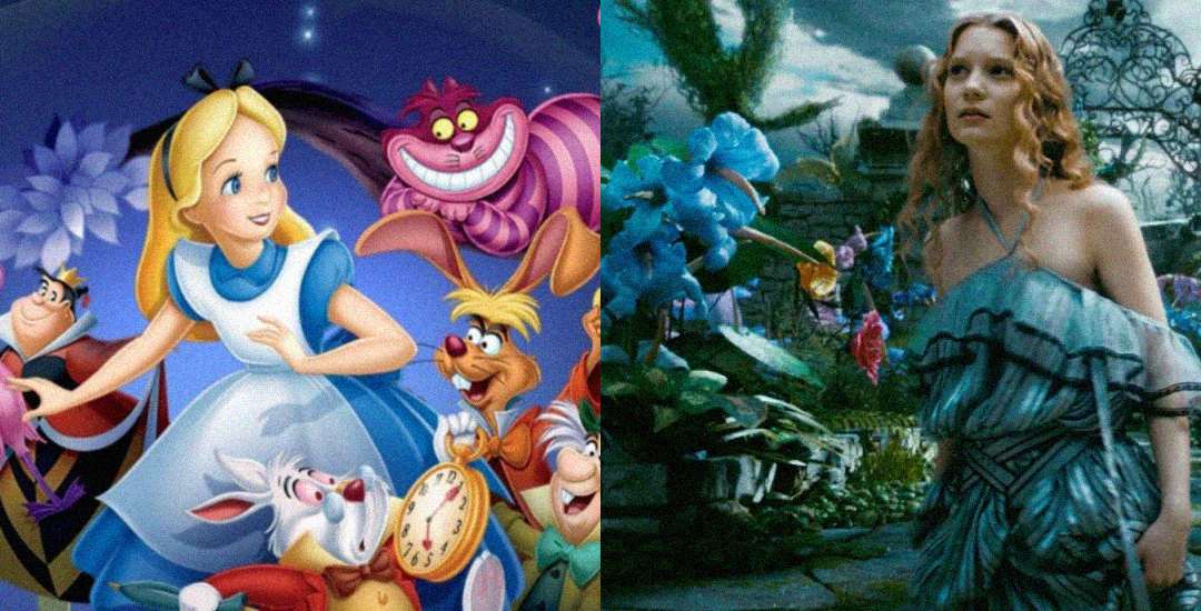 Split image: On the left, animated characters from "Alice in Wonderland," featuring Alice and companions. On the right, a live-action woman in a fantasy garden, referencing a modern adaptation of the same story.