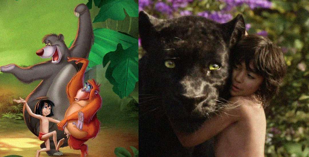 Split image: On the left, animated characters from The Jungle Book, including Baloo, King Louie, and Mowgli. On the right, a live-action Mowgli hugs a black panther, Bagheera, against a nature backdrop.