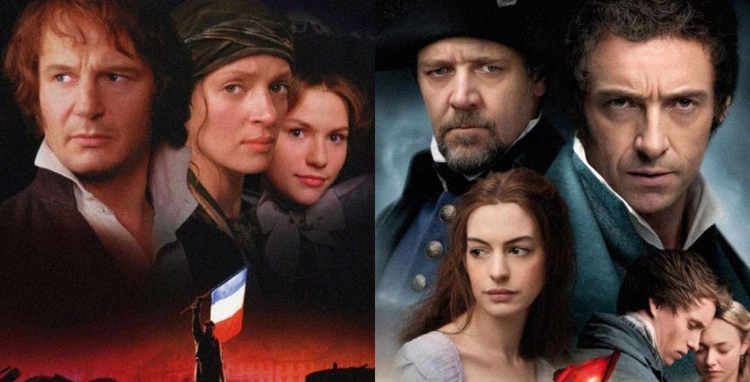 Split image showing cast from two film adaptations of "Les Misérables," with serious expressions. A French flag waves below. The right side features a dark, moody background and intense gazes from the main characters.