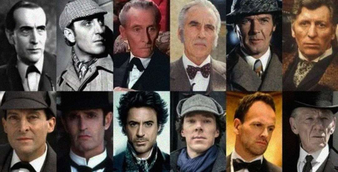 A collage of twelve men dressed as Sherlock Holmes in various styles of Victorian and modern clothing, each portraying the iconic detective in different film or TV adaptations.