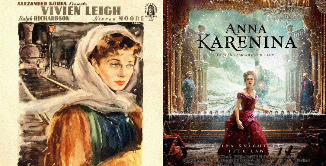 Two side-by-side movie posters for "Anna Karenina." The left features a painted woman in winter clothing; the right shows a woman in a red gown standing in a grand, snowy setting with the title above her.