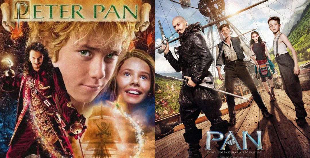 Split movie posters: Left, "Peter Pan" shows a boy with curly hair in front, a girl’s face, and a man in red with a hook hand. Right, "Pan" features four characters on a ship deck with a pirate and a ship’s wheel in the background.