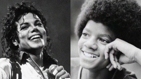 Young and older Michael Jackson smiling in a black and white photo