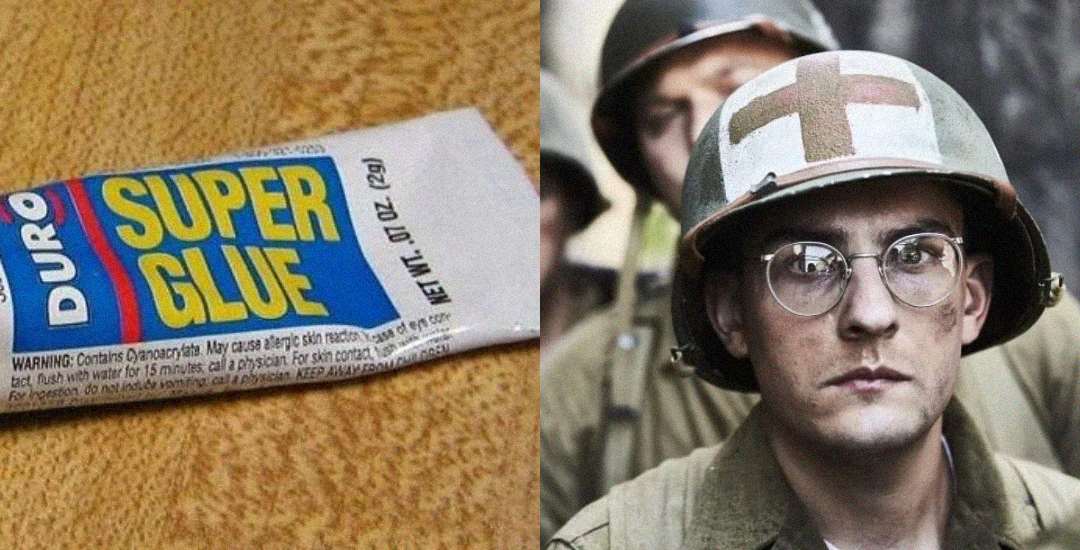 A tube of Duro super glue lies on a surface on the left; on the right, a World War II-era soldier wearing glasses and a helmet with a red cross symbol looks ahead.