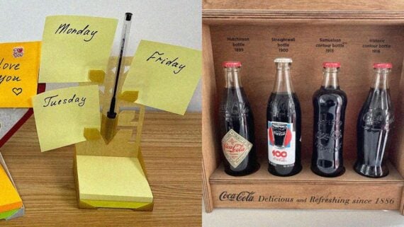 Post-it Notes and Coca-Cola bottles representing famous accidental inventions that changed everyday life