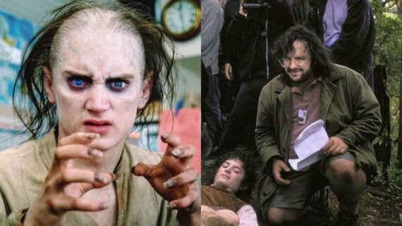Frodo in full makeup on set alongside Elijah Wood with director Peter Jackson behind the scenes of The Lord of the Rings