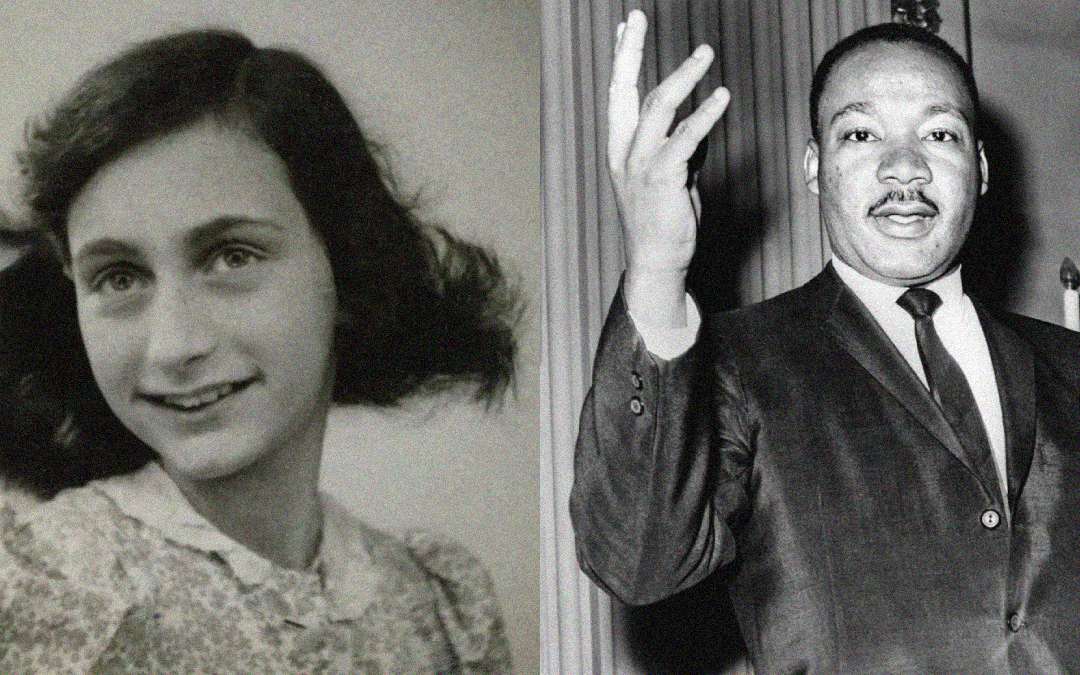 A black and white split image showing a young girl smiling on the left and a man in a suit gesturing while speaking on the right.