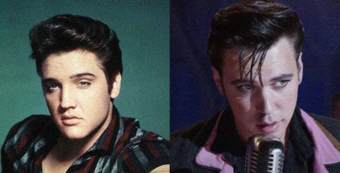 Side-by-side images of two men with dark hair styled in a pompadour; the left man wears a plaid shirt and looks at the camera, while the right man wears a dark jacket and sings into a vintage microphone.