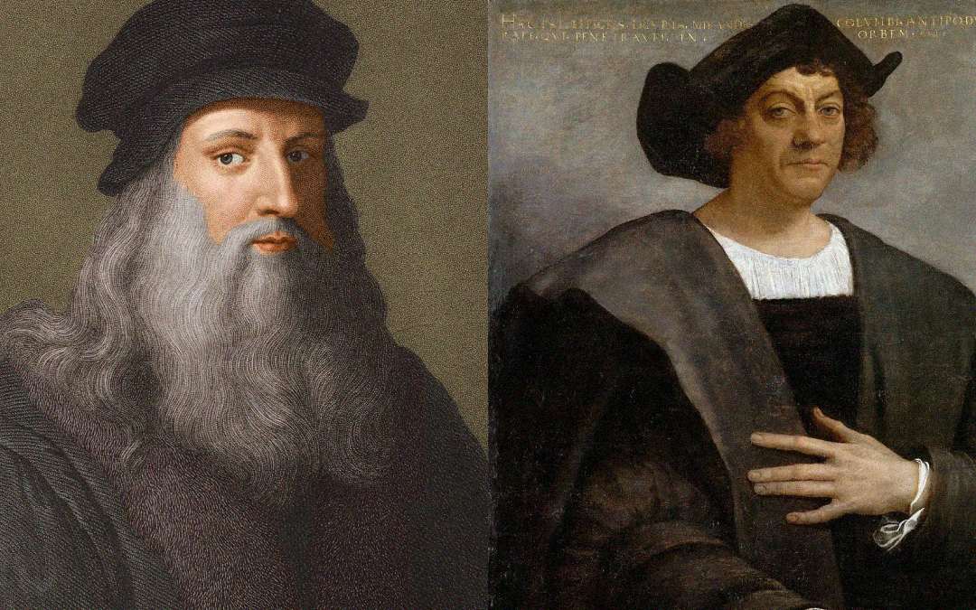 Side-by-side portraits of two men in Renaissance clothing; the left has a long gray beard and a black cap, the right wears a black hat and robe with a white shirt, resting one hand on his chest.