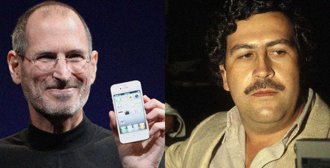 A split image: on the left, a man in glasses and a black turtleneck holds a smartphone and smiles; on the right, a man with dark hair and a mustache looks forward with a serious expression.