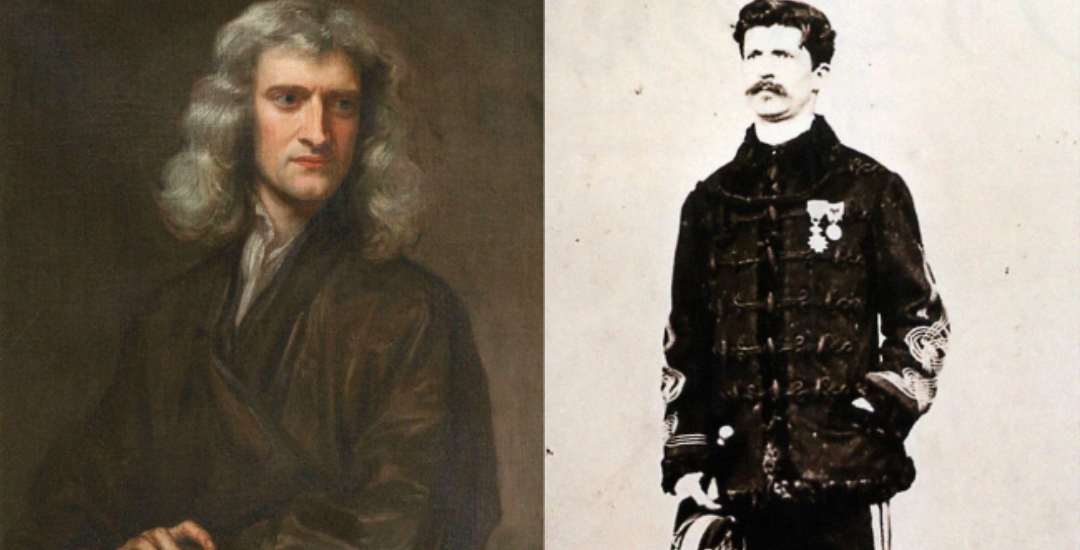 A painting of a man with long, wavy hair wearing a dark robe is on the left; on the right, a black-and-white photo shows a man in a decorated uniform with a mustache, standing and holding a hat.