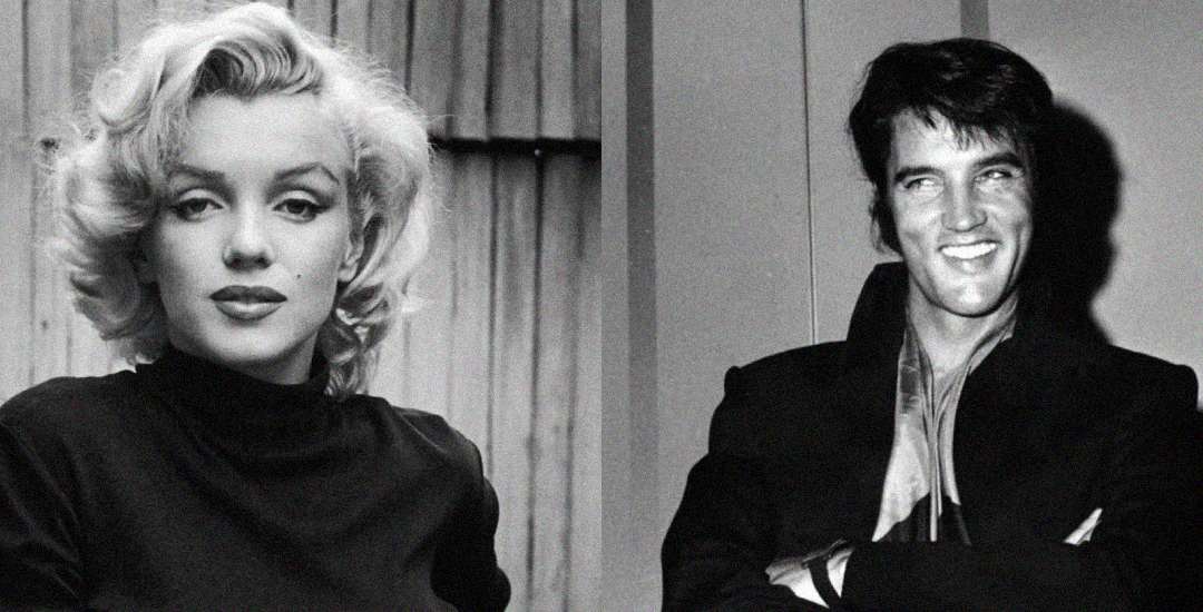 A black and white photo of a woman with blonde, curled hair and a man with dark hair. The woman wears a dark top and looks at the camera; the man smiles with arms crossed, wearing a collared shirt and jacket.