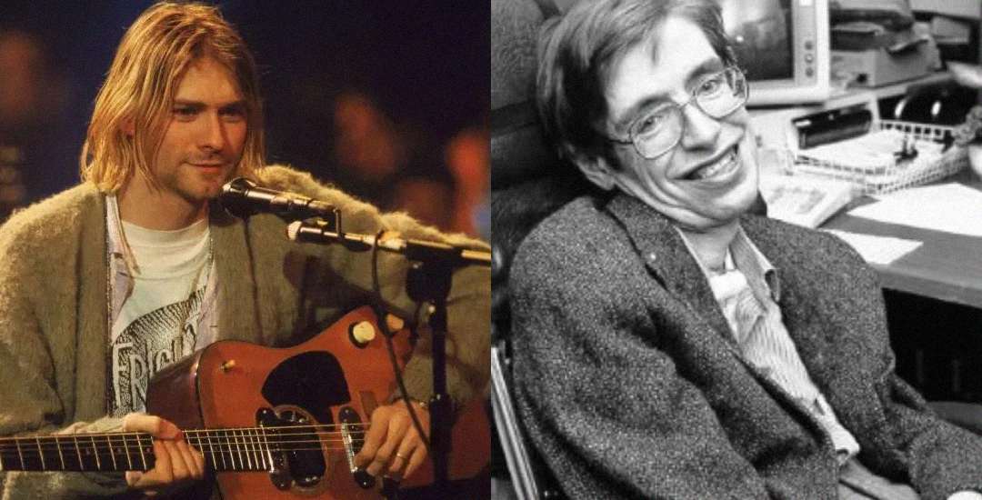 A split image showing a musician with long blond hair playing guitar and singing into a microphone on the left, and a smiling man in a wheelchair at an office desk on the right.