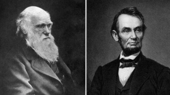 Portraits of Abraham Lincoln and Charles Darwin, two famous historical figures born on the same day