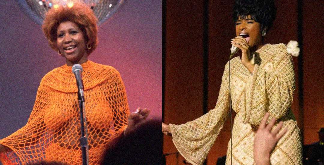 Split image: On the left, a woman in an orange outfit sings on stage. On the right, a woman in a cream dress sings passionately into a microphone with raised hands visible in the foreground.