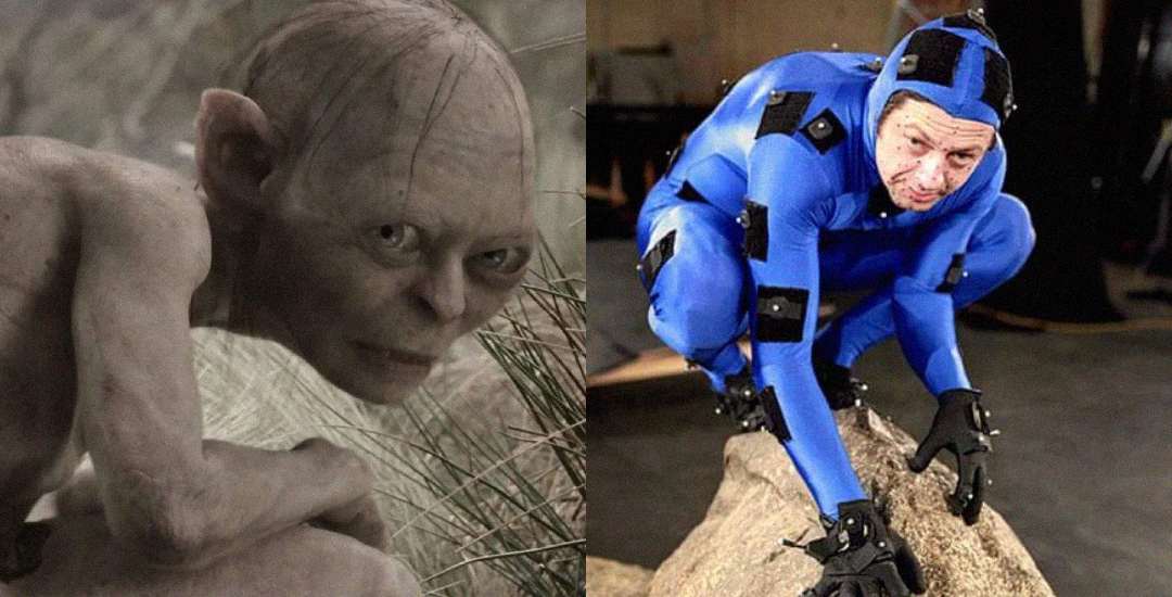 Side-by-side image: On the left, a CGI creature crouches; on the right, an actor in a blue motion-capture suit mimics the same pose on a rock, showing behind-the-scenes film production.