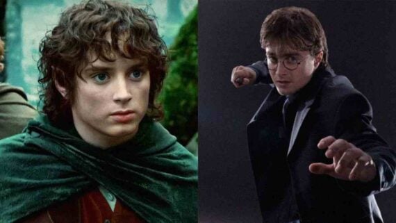 Daniel Radcliffe holding a wand and Elijah Wood in costume