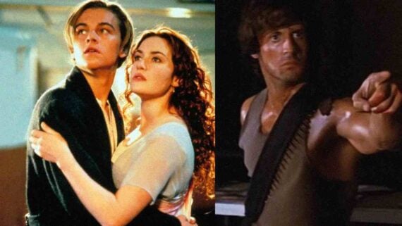 Split cover image featuring scenes from First Blood and Titanic, highlighting two iconic films with endings that were changed before release