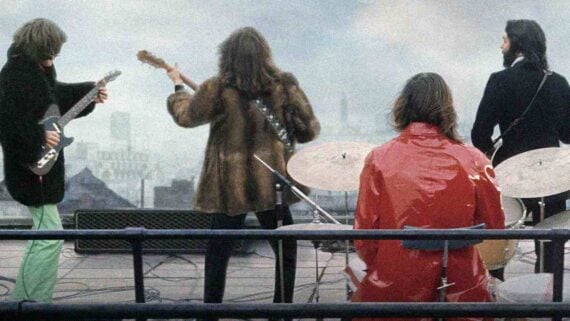 The Beatles performing on a London rooftop during their final live concert
