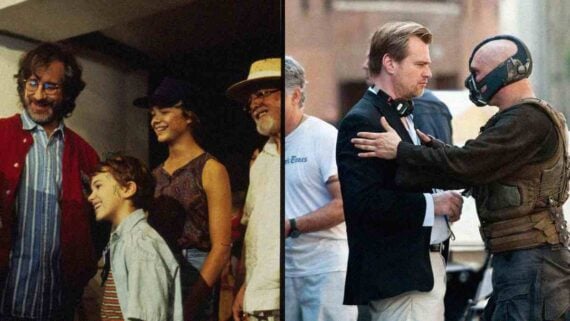 Steven Spielberg and Christopher Nolan on set, captured in behind-the-scenes moments while working with actors during film production