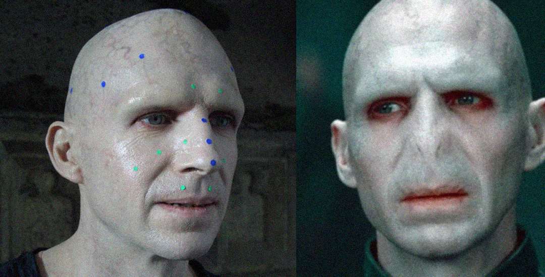 Side-by-side image shows an actor with motion capture dots on his face (left) and the same character digitally altered with a flat nose and pale skin (right), depicting a transformation for a film character.