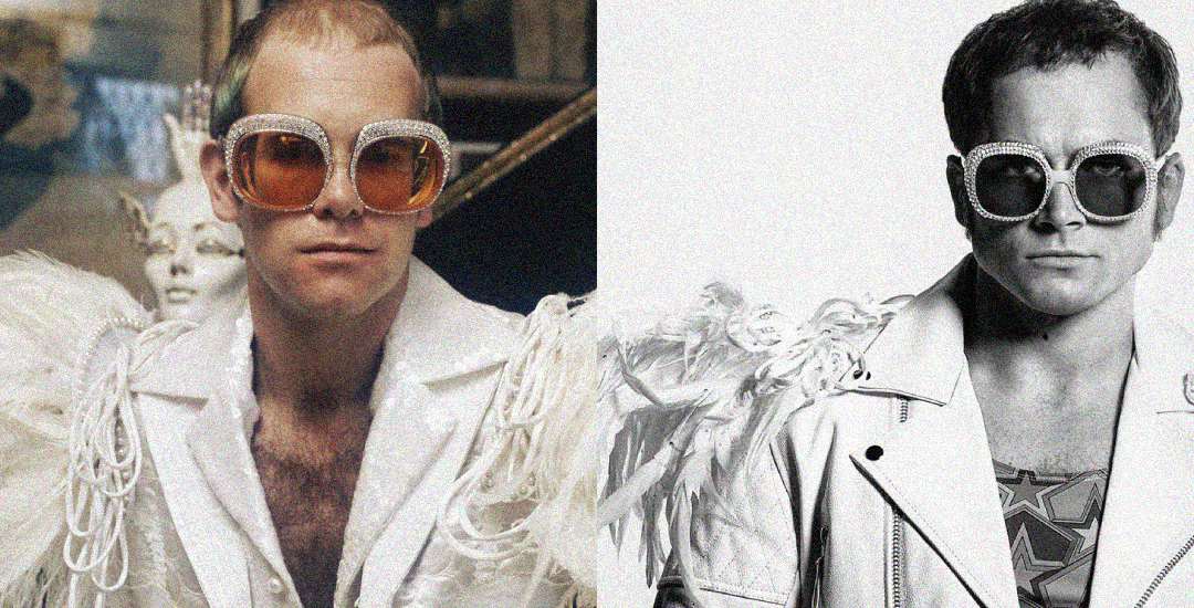 Split image of two men wearing large, round, rhinestone sunglasses and feathered white costumes; left side in color, right side in black and white. Both face forward with serious expressions.
