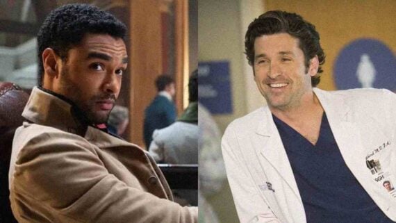 Patrick Dempsey as Derek Shepherd in medical scrubs in a hospital setting alongside Reg&eacute;-Jean Page as Simon Basset in elegant Regency-era attire from Bridgerton