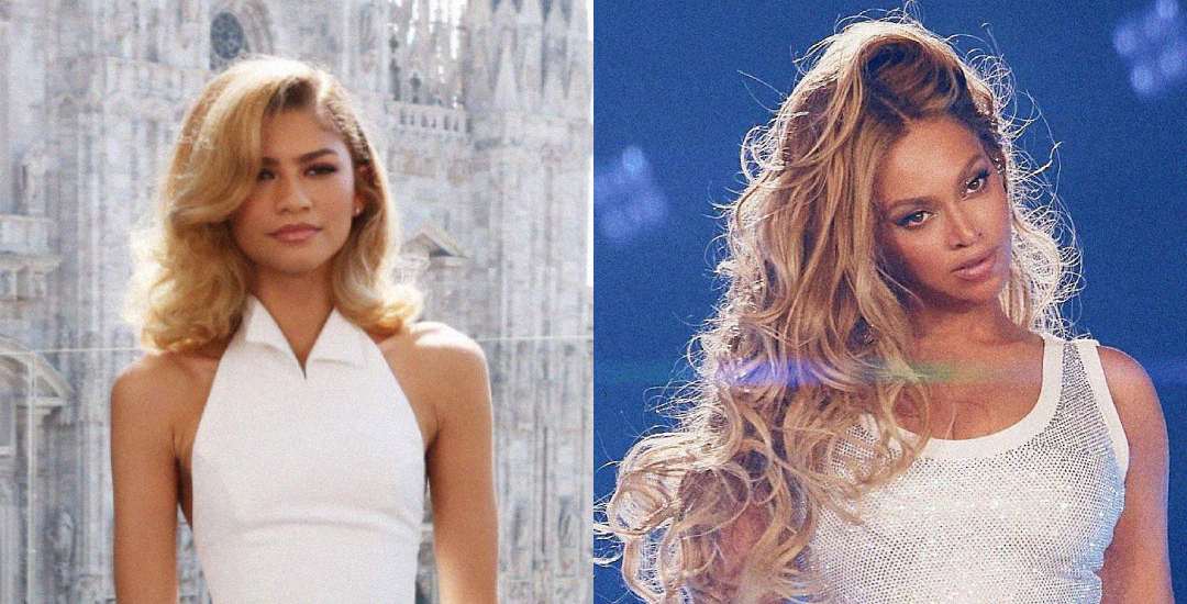 Side-by-side image of two women with long, wavy blonde hair, both wearing sleeveless white outfits. The left is outdoors with an ornate building in the background; the right is indoors with a blue, softly lit backdrop.