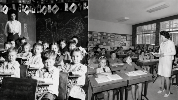 Two black-and-white photos: Left, a teacher stands behind young children at desks in front of a chalkboard. Right, a woman teacher reads to an older group of students seated at desks in a bright classroom.