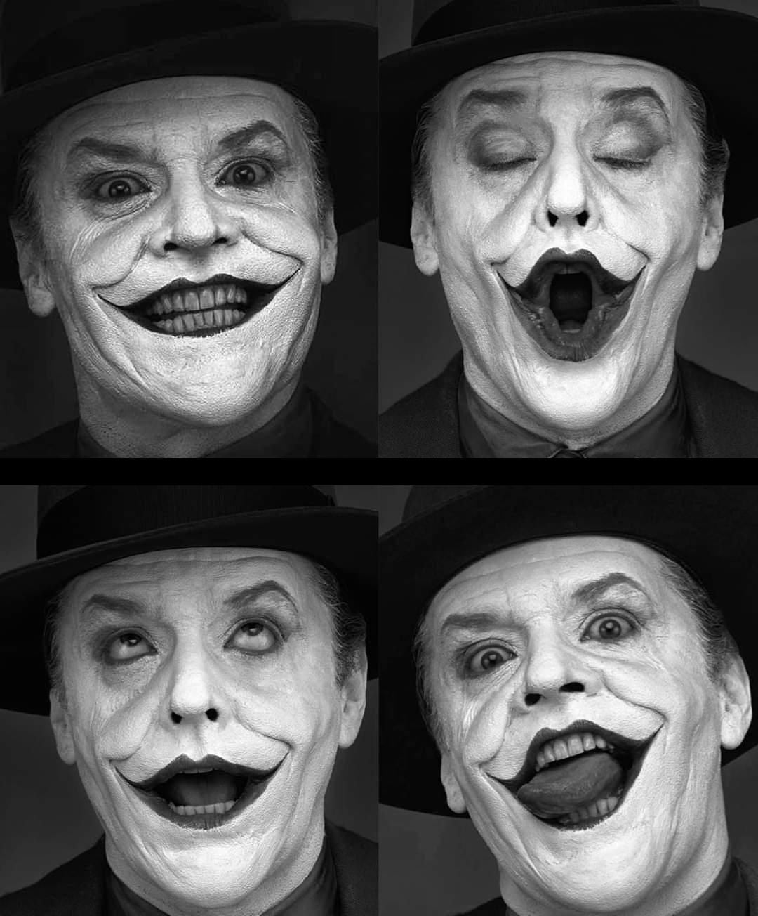 Four black-and-white close-up photos of a person in classic clown makeup and a hat, each showing different exaggerated facial expressions: smiling, mouth open, eyes wide, and tongue out.